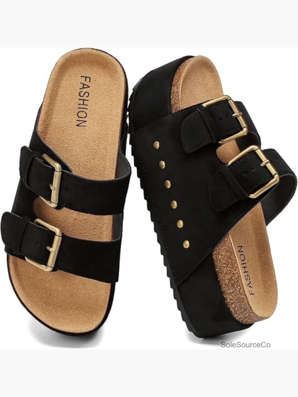 Platform Sandals Cork Footbed Double Buckles Chunky Wedge Slides Comfort Beach